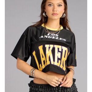 Ultra Game NBA Los Angeles Lakers Cropped Jersey Top Black Yellow Womens Small